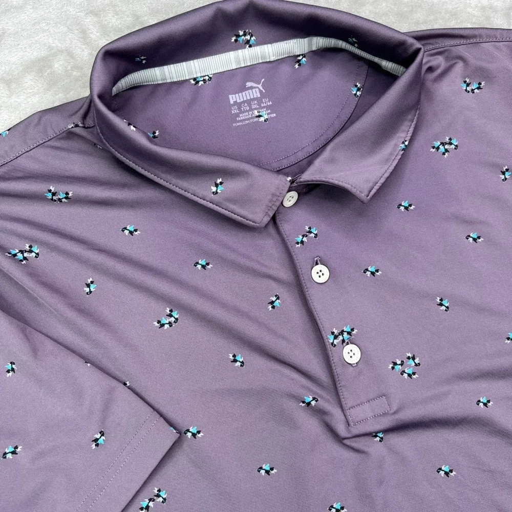 Puma Mattr Foliage Golf Polo Shirt Men 2XL Purple Leaves AOP Stretch Performance
